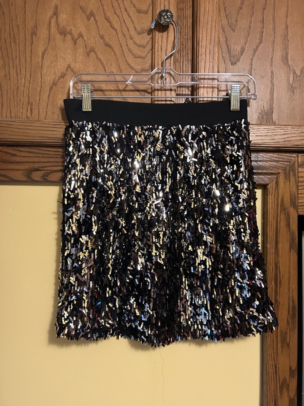 Stella & Dot Black Sequin Fringe Mini Skirt with Metallic Accents